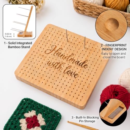 Bamboo Crochet Blocking Board with Stand, Pegs & Metal Pins, Granny Square Yarn Tool, Crochet Accessories for Knitting, Quilting Squares & Crocheter Gifts (Natural, Small)
