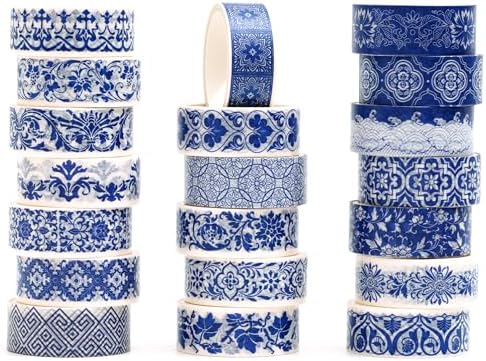Blue & White Porcelain Washi Tape Set, Traditional Chinese Ceramic Pattern Decorative Masking Tapes, Oriental Art for Craft, Scrapbook, DIY, Gift Wrapping (1-Porcelain Grace/20 Rolls)