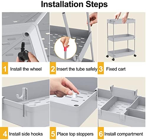 SPACELEAD 3 Tier Rolling Cart with Wheels, Storage Craft Art Trolley Organizer Serving, 3 Hanging Baskets Easy Assembly, for Office, Living Room, Kitchen, Gray