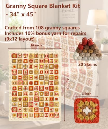 Kitcroet Granny Square Crochet Kit for Beginners, Complete Crochet Blanket Kit with 20 Skeins Yarn, Step-by-Step Video & Written Instructions, 34" x 45" Retro Blanket Starter Kit, Warm Retro Brown