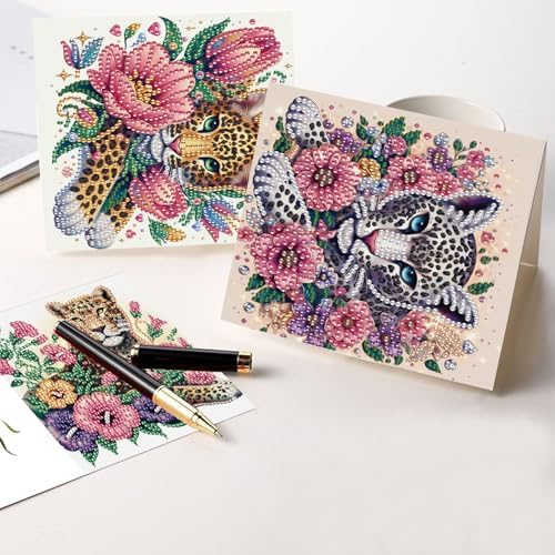 LazyFold 6 Pcs Diamond Art Painting Greeting Cards Kits, DIY Flowers and Animals Handmade Festival Greeting Cards with Envelopes Diamond Art Crafts Birthday Cards Creative Gift