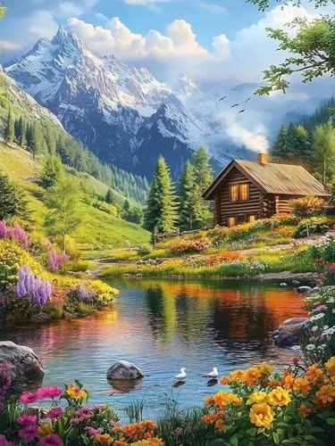 Accompany Wind Mountain Diamond Art Kits for Adults, 5D Mountain Cabin Landscape Diamond Painting Kits for Beginners,DIY Round Full Drill Diamonds Gem Art Crafts for Home Wall Decor Gifts 12x16 Inch
