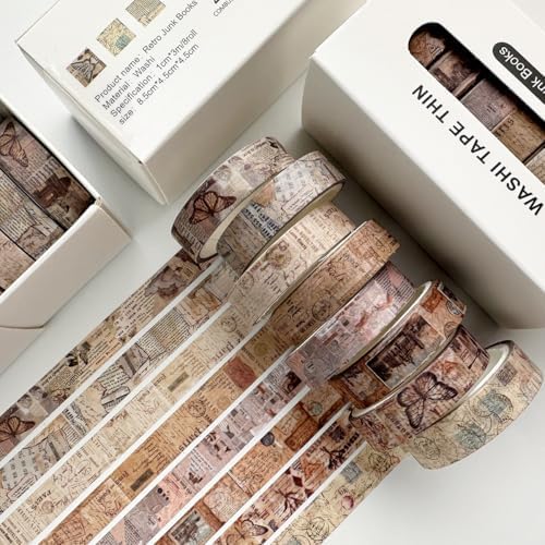 Vintage Washi Tape Set 8 Rolls Thin Retro Decorative Antique Patterns Masking Tapes for Arts, DIY Crafts, Journals, Planners, Scrapbook, Wrapping (Junk Books)