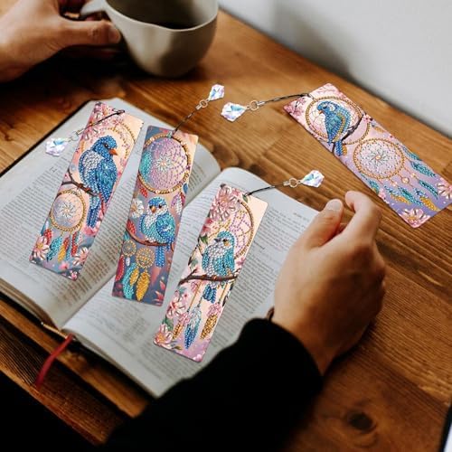 4 Pcs DIY 5D Diamond Painting Bookmark Kits for Adults, Acrylic Crystal Rhinestones Book Marks, Dreamcatcher Bluebird Diamond Art Bookmarks with Crystal Pendant, Handmade Tassel Bookmarks Gift Set