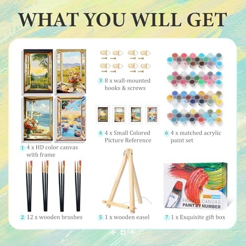 4 Pack Paint by Numbers Kit for Adults with Frame, Window DIY Painting Kit