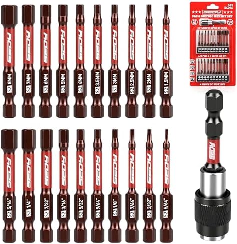 21-Piece 2.5" Hex Head Allen Wrench Drill Bit Set, 1/4" Hex Screwdriver Bits Set with Durable Magnetic Impact Bit Holder, SAE & Metric Allen Key, S2 Steel, Mechanic Home Repair