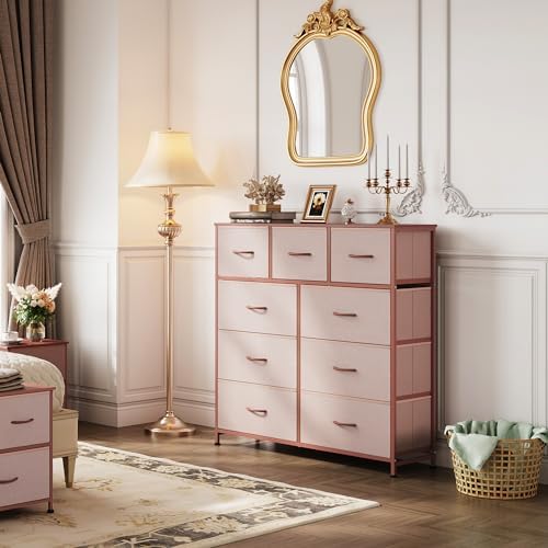 WLIVE Tall Dresser for Bedroom, 9 Drawer Chest of Drawers, Pink | 9 roomy fabric drawers, Tall storage design, Bedroom or closet use, Sturdy steel frame, Smooth wood tabletop