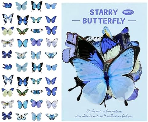40Pcs Vintage Stickers,Waterproof Transparent PET Aesthetic Decorative Sticker Scrapbooking Supplies for Adult Card Making Letters Planner Junk Journal Water Bottles Art Craft.Blue Butterfly