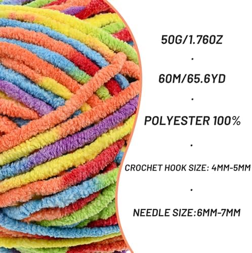 2 Packs Plush Chenille Chunky Crochet Yarn - Baby Yarn for Crocheting Soft - Velvet Yarns Knitting for Blankets Crafts - Fluffy Amigurumi Yarns 100g/131yds (2 Rainbow)