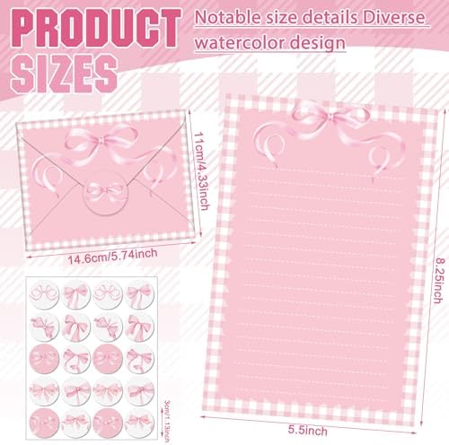 TaoBary 160 Pcs Pink Bow Stationery Paper Set for Girls with Stationery Letter and Envelopes 50 Double Sided Papers with 50 Matching Envelopes and 60 Round Dot Sticker 10 Design (5.5 x 8.25 Inch)