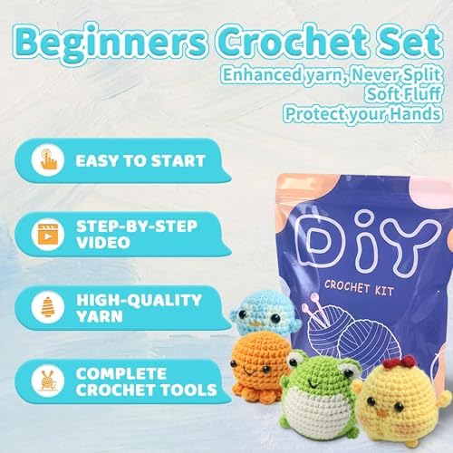 YAMAXIN Crochet Kit for Beginners with 9 Hooks (2.0–6.0mm), 8 Animal Patterns & Yarn – Learn to Crochet Starter Set with Tools & Case – Amigurumi DIY Craft Kit for Adults & Kids