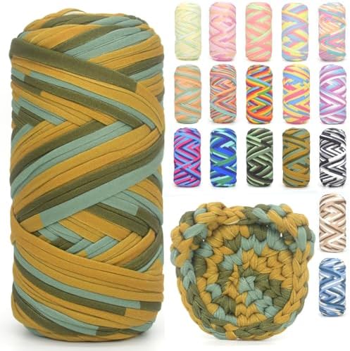 Tshirt Yarn for Crocheting,Rainbow T Shirt Chunky Elastic Fabric Thick T-Shirt Crochet Yarn for Beginners Crocheting Hand Knitting Bag/Basket/Coasters/DIY Crafts/Home Decor 200G-Blue Brown Green