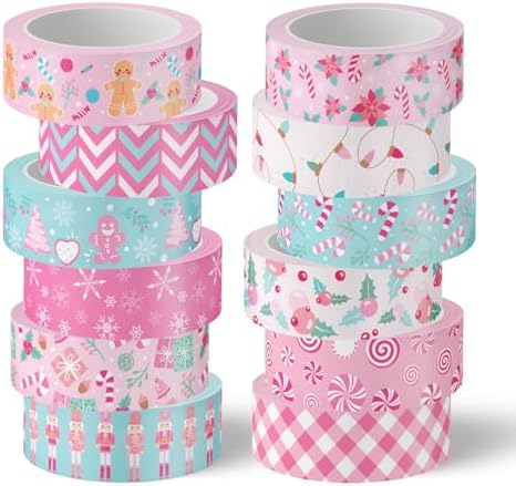 Whaline 12 Rolls Christmas Washi Tape Masking Tape Set Pink Candy Cane Gingerbread Man Decorative Wrapping Paper Tapes for Xmas Scrapbook Journal DIY Art Crafts