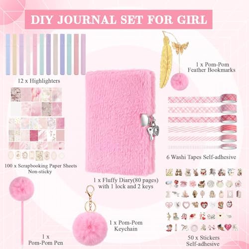 Janlaugh DIY Journal Diary with Lock Pack Scrapbook Kit, Pink, Plush | Stationery Diary Supplies, Scrapbook Supplies Art Crafts Kit for Birthday Holidays Ideal Gifts, Feather Bookmark Stickers