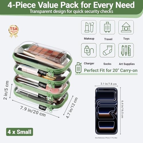 YQBRAO Clear Hard Shell Zipper Cases, 4 Small Cable Organizers, Green