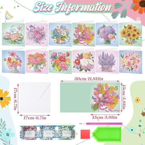 Saillong 12 Pack Flower Diamond Painting Greeting Cards with Envelopes