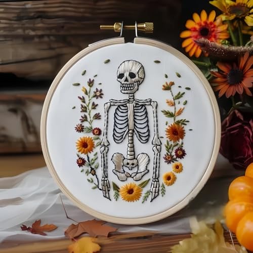 Floral Witch Hat Embroidery Kit Halloween Cross Stitch Material Set with Bat Skull Flower Pumpkin Patterns, DIY Hand Needlepoint Embroidery Craft Kit for Beginners Professional (Spooky Skeleton)