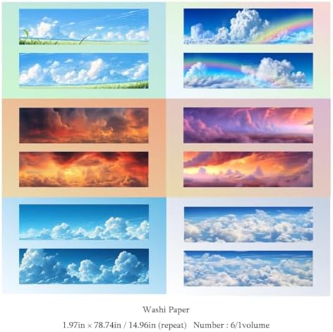 Cloud Washi Tape Set,6 Rolls Scrapbook Sky Stickers Supplies,Self-Adhesive Aesthetic Washi Tape Stickers for Scrapbooking,Bullet Journaling,Wedding Invitation(Speculating Clouds)