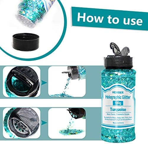 HEMOER Turquoise Glitter, 100g/3.5oz Holographic Chunky Glitter Mixed Hexagon Chunky & Fine Flakes Cosmetic Iridescent Sequins for Epoxy Crafts, Resin, Nail Body, Tumblers, Party Decoration
