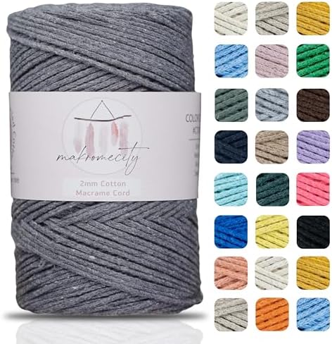 Makromecity, Cotton Macrame Cord 2mm x 195 Yards (590 feet) 2mm Recycled Cotton Crochet Yarn for Macrame Art & Crafts for Wall Hangings, Bags, Underplate, Rug (25 Colors Available) (Dark Grey)