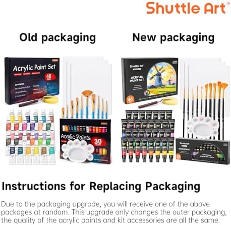Shuttle Art 46 Pack Acrylic Paint Set, 30 Colors Acrylic Paint with 10 Brushes 3 Canvas 1 Knife Palette Sponge, Complete Painting Set for Kids, Adults, Beginners, Painting Wood, Ceramic