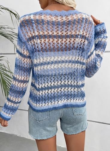 EVALESS Crochet Tops for Women Long Sleeve Hollow Out Knit Sweaters