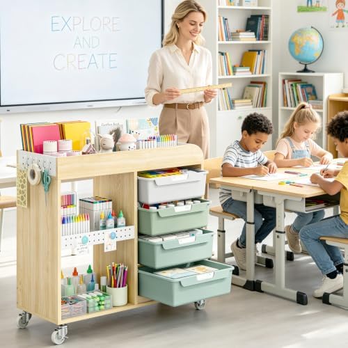 SYKIARIOL Craft Organizers and Art Supply Storage, Art Cart, Mint Green | Rolling Cart with 4 Drawers & Metal Pegboard, 5 Hooks, Cute Macaron Color Magnets for Craft Room, Office, Classroom