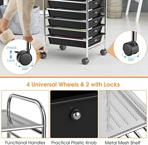Storage Cart, Rolling Utility Cart with 10 Drawers, Portable Handles & Lockable Wheels, Mobile Paper Toys Storage Organizer Large Capacity for Home Office School Teacher (Black)