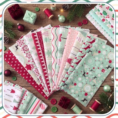 HunnmingRe 20 Pcs 10''x10'' Pastel Christmas Quilting Fabric Square Pink Green Precut Quilted Fabric Bundle Reindeer Xmas Tree Sewing Material for Winter Patchwork Scrapbook Junk Journal DIY Craft