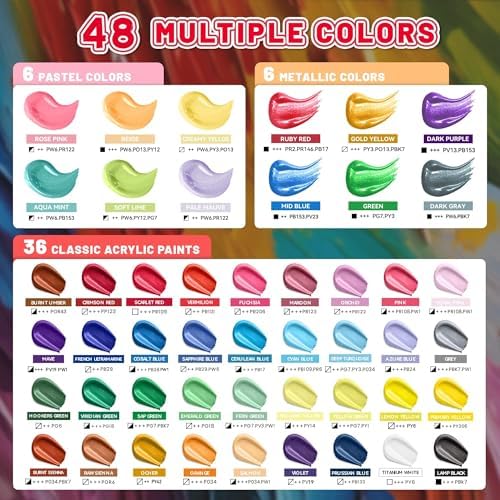 64 Pcs Classic & Metallic & Pastel Acrylic Paint Set with 12 Brushes, 2 Knives & Palette, 48 Colors (2oz/60ml) - for Adults, Kids, Artists & Beginners - Arts and Crafts Painting Kit
