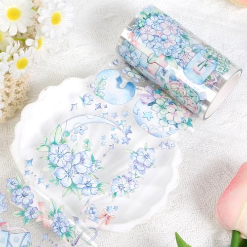 Sitsink PET Tape for Journal Scrapbooking - Blue Floral PET Tape Stickers for Crafts Junk Journal Supplies Notebook Scrapbook DIY Decor Ornament
