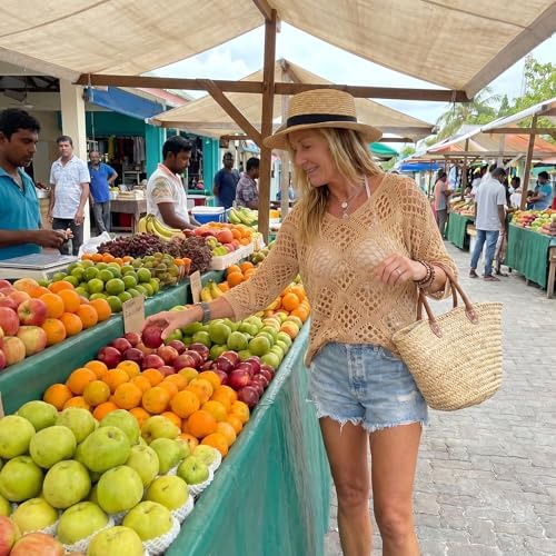 Bohemian Crochet Tops for Women 3/4 Sleeve V-Neck Open Knit Pullover Beach Cover Ups Hollow Out Boho Vacation Blouse