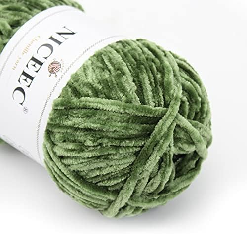 NICEEC 2 Skeins Soft Chenille Yarn 2 x255m (2X 279yds, 3X 150g)_Army Green