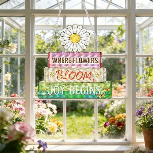 CRZMODE Flowers Diamond Art Hanging Kit for Adults, SunflowersPendant Diamonds Painting Art Kit, Special Crystal Diamond Art Painting Pendant Ornament, Craft Gift for Women Home Window Decor