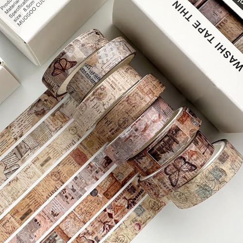 16 Rolls Vintage Washi Tape Set with Handwritten Text, Retro Junk Books