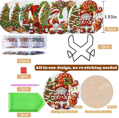 8 Pack Diamond Art Coasters,Christmas Gnome Diamond Painting Coasters Kits