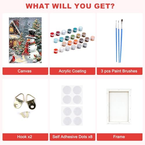 SENQAO Christmas Paint by Numbers for Adults Beginners Framed, Snowman Cardinal Adults' Paint-by-Number Kits, Adult Paint by Number Kits on Canvas, Acrylic Number Painting for Home Decor, 8x12inch