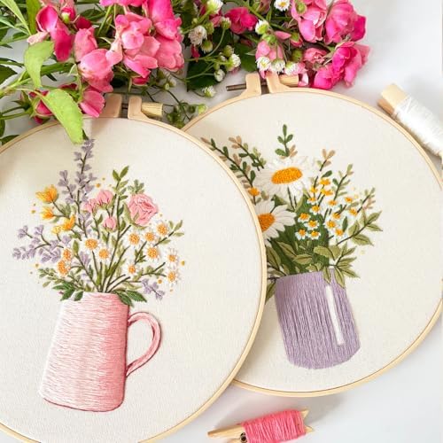 Myfelicity Embroidery kit,Floral Embroidery Art Kit, Set of 3, Decorative Pitcher Designs with Sunflowers and Wildflowers