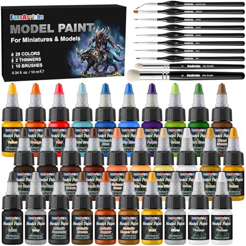 FansArriche Model Paint, 28 Colors with 2 Thinners, 8 Brushes & 2 Drybrush