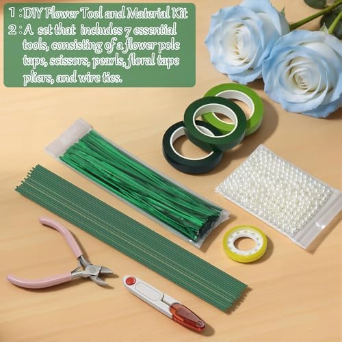 DIY Handmade Floral Craft Tool Set, Money Flower Bouquet Making Supplies Kit – Includes ABS Pearls, Metal Floral Wire, 2mm Flower Stems, Cutting Scissors, Floral Pliers and Green Floral Tape