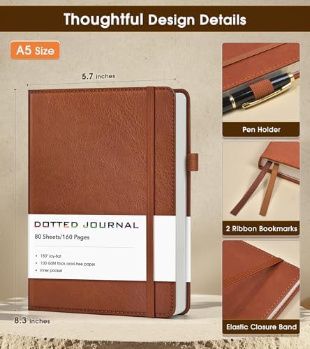 Dotted Journal Notebook, A5 Leather Hardcover, 160 Pages, 180° Lay-Flat Binding, 100 GSM Thick Paper, Dot Grid for Bullet Journaling, Planning & Daily Organization (Brown)