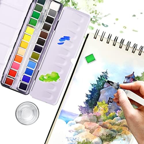 24 Colors Solid Watercolor Paint Set with Refillable Water Brush, Artist-Grade Half Pans in Tin Box - Professional Watercolor Kit for Artists, Adults, Beginners and Painting lovers