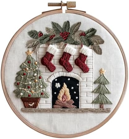 IUHUI Embroidery Kit for Beginners Adults - Anticipated Christmas Patterns, DIY Hand Stitching Embroidery Set with Hoop (Christmas Fireplace Warmth)