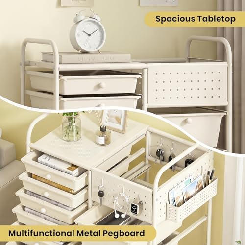 GOFLAME 14-Drawer Rolling Storage Cart with Pegboard, Craft Storage Cart with Lockable Wheels and Metal Frame, Multifunctional Art Cart Supply Storage Organizer for Home Office Classroom, White