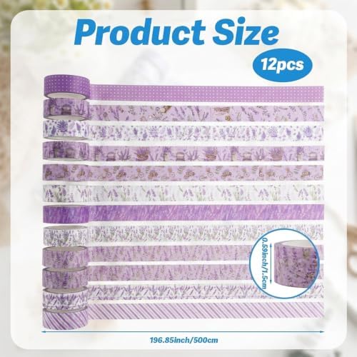 12 Rolls Floral Washi Tape Set, Purple Watercolor Flowers Design for for Journaling, Scrapbooking, DIY Craft, Planners, Gift Wrapping, Back to School Art Supplies