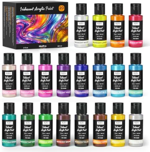 Nicpro 20 Colors Iridescent Acrylic Paint Set,2oz Chameleon Metallic Paint | Color Shifting Glitter Craft Paint, Non-Toxic DIY Art Painting Supplies,Paint Kit for Canvas Rocks Wood Glass Ceramic Fabric