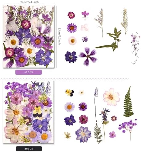 100 PCS Purple Pressed Dried Flowers and Leaves with Tweezers | Natural Dried Flowers, For Resin, Candle, Jewelry, Scrapbooking & DIY Crafts
