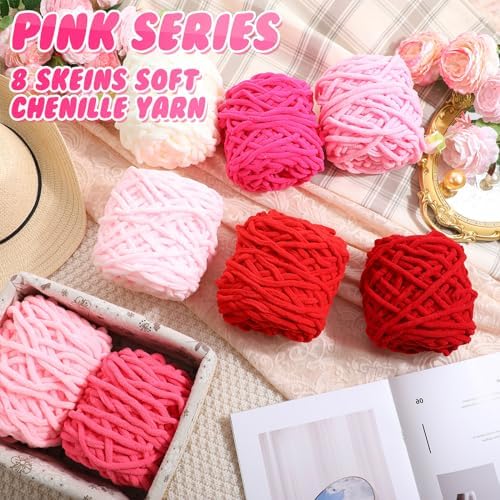 Buryeah 8 Pack Chunky Chenille Yarn for Crocheting, Pink Series