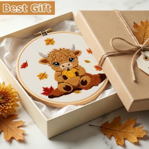 Louise Maelys Highland Cow Embroidery Kit for Beginners（Autumn