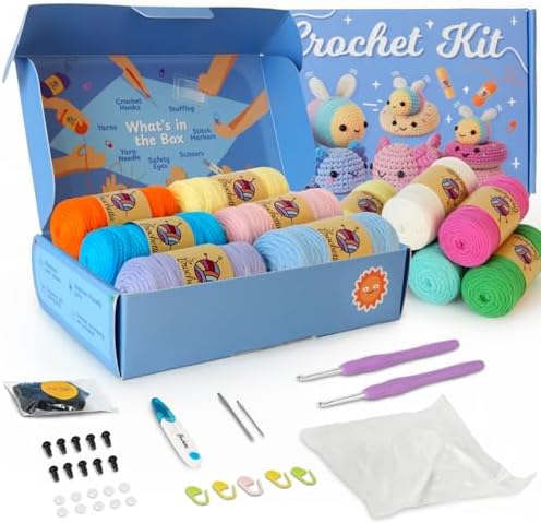 Crochetta Crochet Kit for Beginners Adults - Complete Starter Set with Crochet Hooks, Scissors, Stitch Markers + 12-Colored Yarn 45-50 Yards (20g) per Color